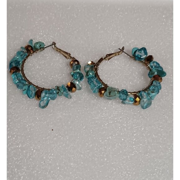 Blue & Gold Beaded Hoop Earrings With Leverback Closures - Picture 1 of 1